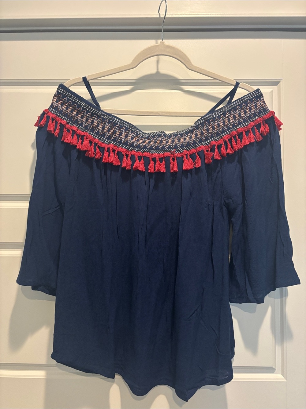 NWT Lascana Off-Shoulder Top with Pink Tassel Trim
